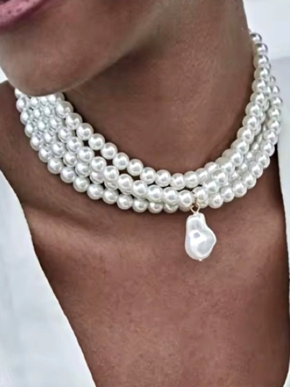 White Faux Pearl 4 Strand Choker with Baroque Drop, 12 in + 3 in Extender NWT - Picture 2 of 6